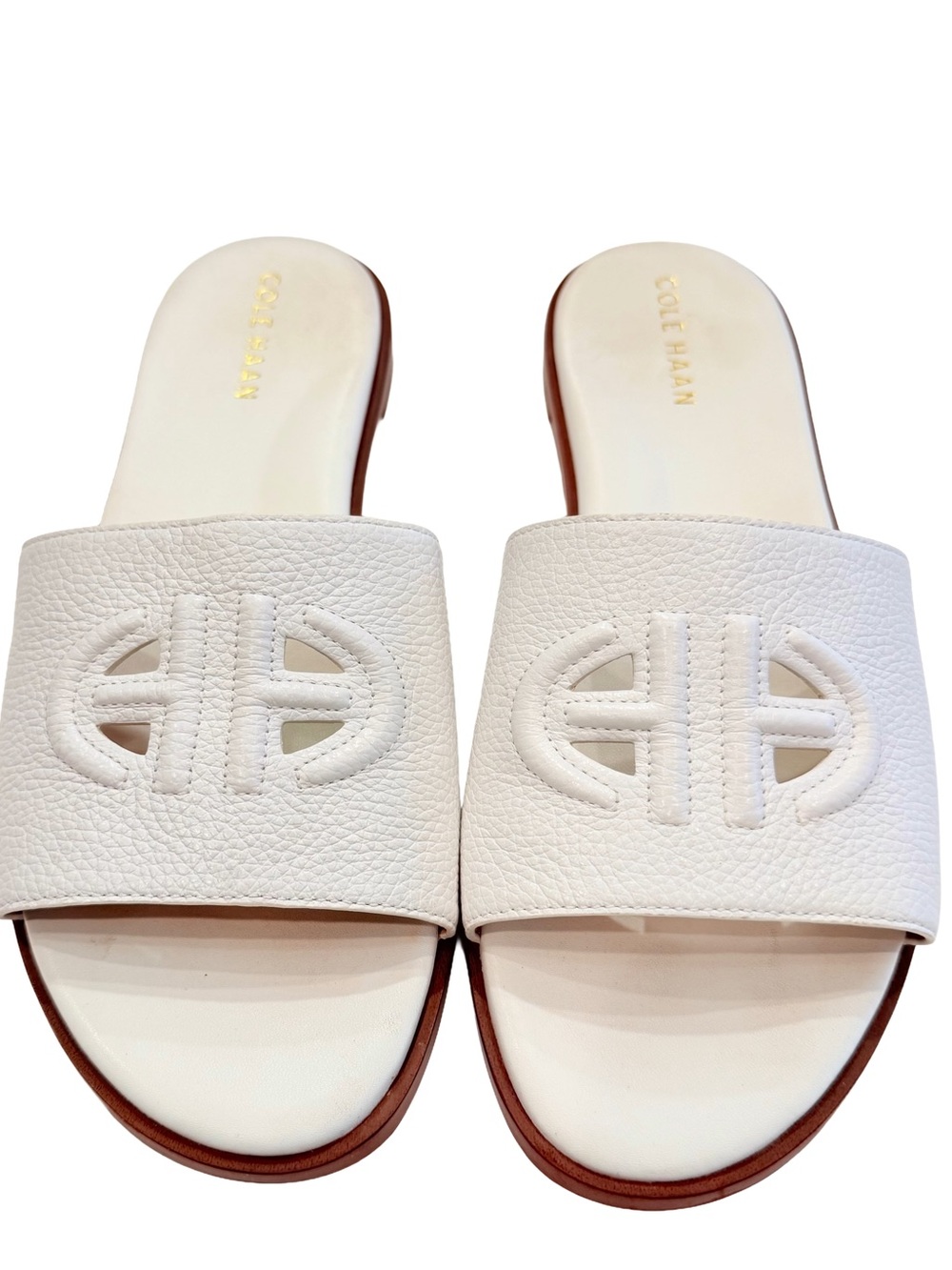 Women's SANDALS Cole Haan Flynn Logo Slide - WHITE LEATHER Sz 8.5 - Picture 1 of 14